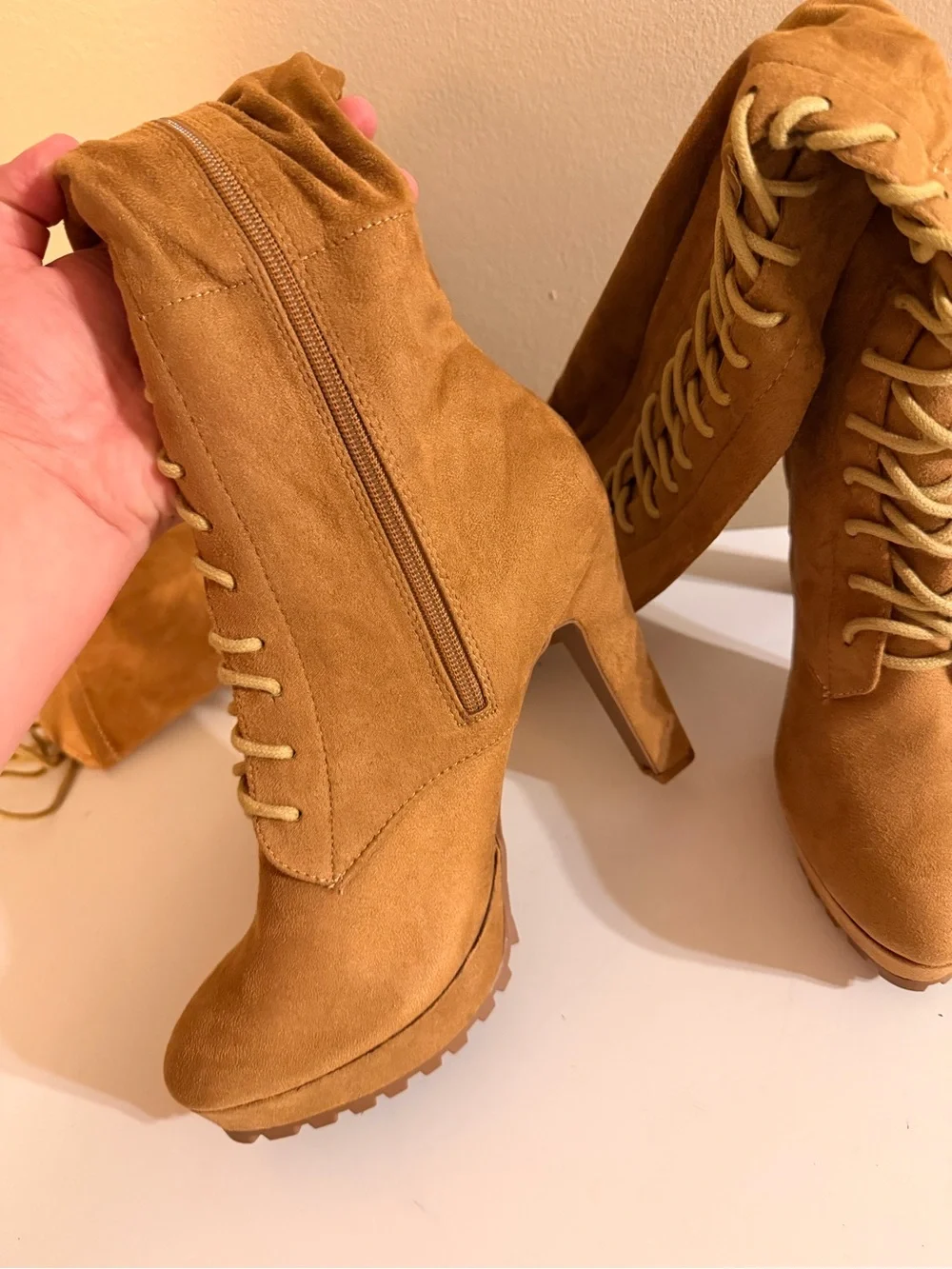 Suede Lace-Up Over-the-Knee Boots - Tan